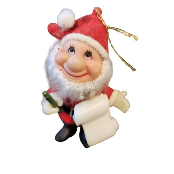 Vintage Trim A Tree Bearded Elf Christmas List Flocked Santa Suit Ornament - Picture 1 of 6